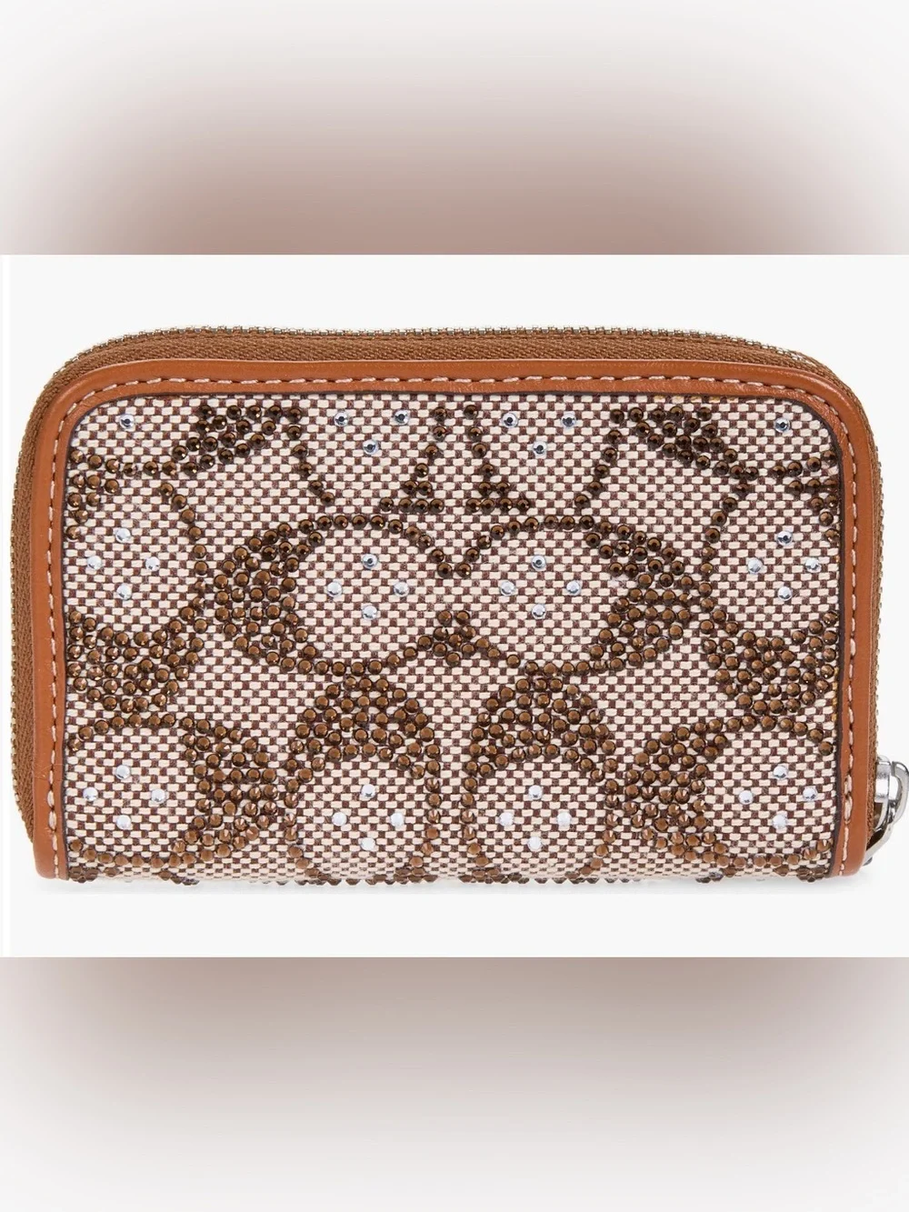 COACH Small Crystal Signature Logo Jacquard Zip Around Card Holder Mushroom